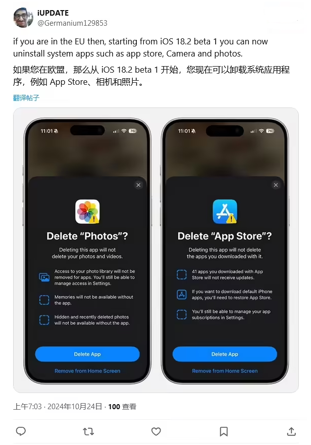 高石碑镇苹果手机维修分享iOS 18.2 支持删除 App Store 应用商店 